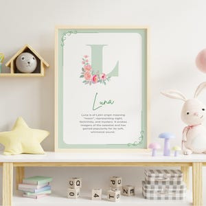 Estampado floral con el nombre de Luna, múltiples opciones de color, decoración de guardería
