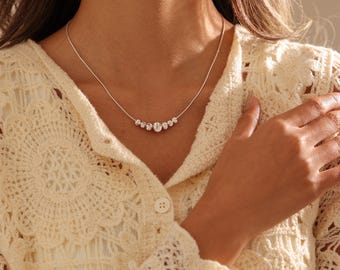 925 Sterling Silver Floating 7 Balls Necklace, Half Matt Brushed Silver Pendant on Curb Chain, Satin Finish Silver Balls, Everyday Necklace