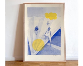 Silkscreen PLAY 1  limited edition 70 x 100 CM blue/yellow paperart styled and printed by Julia Rahne