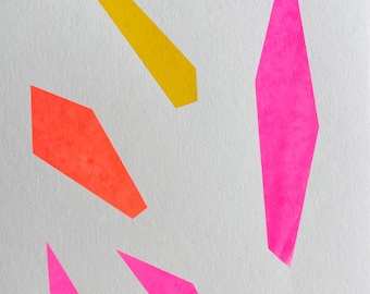 May include: Abstract art piece featuring geometric shapes in vibrant colors. The artwork includes a yellow, orange, and pink shapes on a white background. The number "25" is in the lower left corner, and "JR 7/14" is in the lower right corner.
