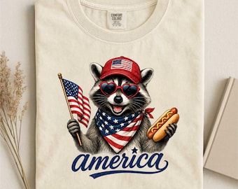 Patriotic Raccoon Hot Dog America Comfort Colors T Shirt, Funny 4th of July Tee, USA Flag Animal Graphic Tshirt, Cute Independence Day Top