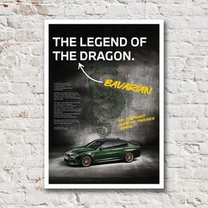 May include: A green BMW M5 saloon with black wheels and the text "THE LEGEND OF THE DRAGON. BAVARIAN NO THAT'S NOT GAME OF THRONES CANON!" on a grey background.