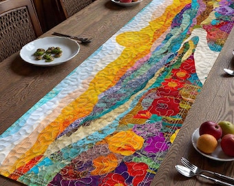 Nature Inspired Quilted Table Runner, Vibrant Mountain and Floral Design, Handmade Dining Room Decor for Rustic Homes