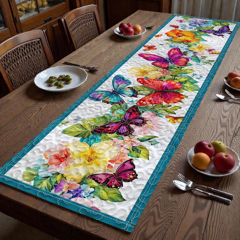 Floral Butterfly Table Runner, Colorful Spring Table Runner, Quilted Table Decor, Garden Flower Table Runner, Dining Table Decor image 1