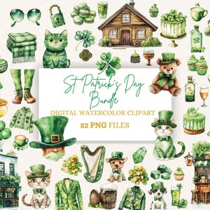 Ensemble de 52 cliparts pour la Saint-Patrick, fichiers PNG numériques, ensemble de cliparts cadeau irlandais, usage commercial, téléchargement numérique, planificateur d'autocollants