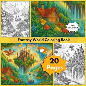 ファンタジー城の塗り絵20ページ、魔法のおとぎ話の庭と森、大人と子供向けの印刷可能なPDF