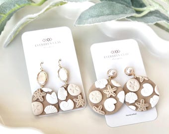Beach Clay Earrings: Polymer Clay Shell & Sand Dollar Dangles