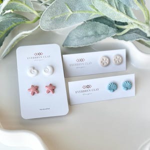 Beach Stud Earring Set – Clay Conch, Starfish, Shell & Sand Dollar | Lightweight Summer Clay Earrings | Beach Giftful Jewelry