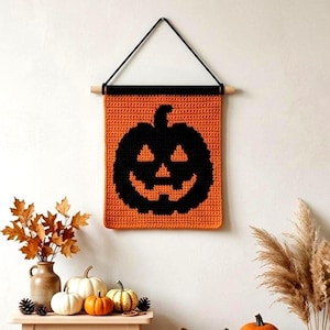 Crochet Mosaic Pattern, Halloween Pumpkin Wall Hanging PDF, Jack O Lantern Overlay Crochet Chart, Beginner Digital Download Pattern