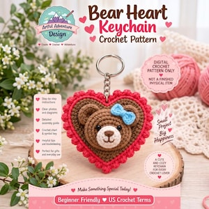 May include: A digital crochet pattern for a bear heart keychain. The design features a brown bear face with a light blue bow, centered on a red heart. Text includes Bear Heart Keychain, Digital Crochet Pattern Only, and Beginner Friendly.
