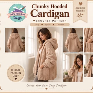 Op de afbeelding: Een digitaal haakpatroon voor een grof gebreid vest met capuchon, getiteld Chunky Hooded Cardigan van Artful Adventure Design. Het ontwerp toont een beige, grof gebreid vest met een capuchon, lange mouwen en zakken aan de voorzijde.