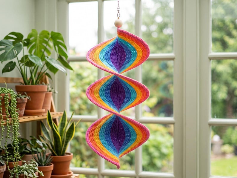 May include: A hanging spiral wind spinner featuring a vibrant crochet pattern with concentric layers of pink, orange, yellow, green, blue, and purple. The structure is suspended by a silver chain and topped with a single natural wooden bead.