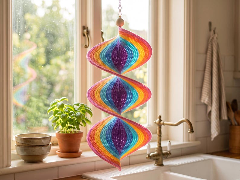 May include: A hanging spiral wind spinner featuring a vibrant rainbow gradient pattern with concentric layers of pink, orange, yellow, green, blue, and purple. The structure is composed of three connected, twisted, conical shapes suspended by a silver chain.