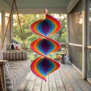 May include: A hanging spiral wind spinner featuring a vibrant rainbow gradient pattern with concentric layers of pink, orange, yellow, green, blue, and purple. The structure is suspended from a single wooden bead and a metal swivel hook.