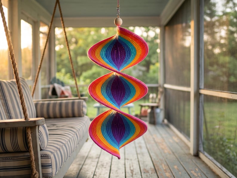 May include: A hanging spiral wind spinner featuring a vibrant rainbow gradient pattern with concentric layers of pink, orange, yellow, green, blue, and purple. The structure is suspended from a single wooden bead and a metal swivel hook.