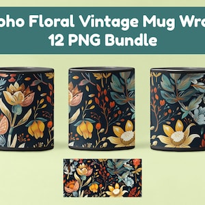 Boho Floral Mug Wrap Bundle: Sublimation Designs (PNG Digital Download)