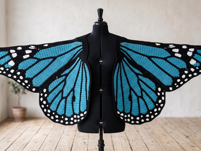 Häkelanleitung für einen Schmetterlings-Kokon-Schulterjäckchen, Häkelanleitung für eine Monarchflügel-Strickjacke (PDF), Fledermausärmel-Strickjacke, Größen XS-5XL, Geschenk für Häkelfans Bild 2