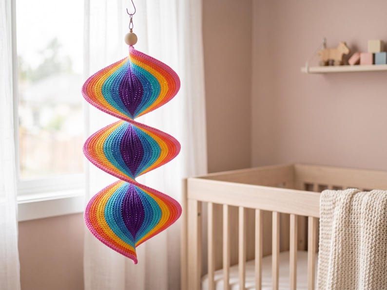 May include: A hanging spiral mobile featuring three interconnected, rounded, crochet-knit sections in a vibrant rainbow gradient of purple, blue, teal, yellow, orange, and pink, suspended from a single wooden bead and a metal hook.