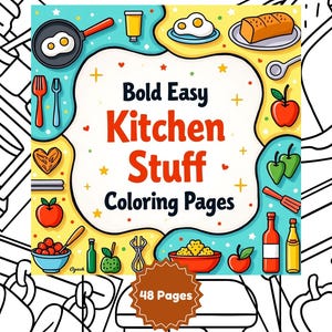 以下が含まれることがあります： 「Bold Easy Kitchen Stuff Coloring Pages」というタイトルの塗り絵本のカラフルなイラスト。表紙にはフライパン、卵、果物など、キッチン関連のさまざまな画像が描かれています。この本は48ページあります。