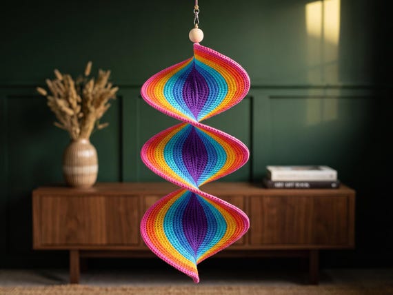 Crochet Wind Spinner Pattern, Spiral Rainbow Hanging Decor PDF, 3 Sizes, One Piece No Sewing, Stash Buster, US Terms, Digital Download