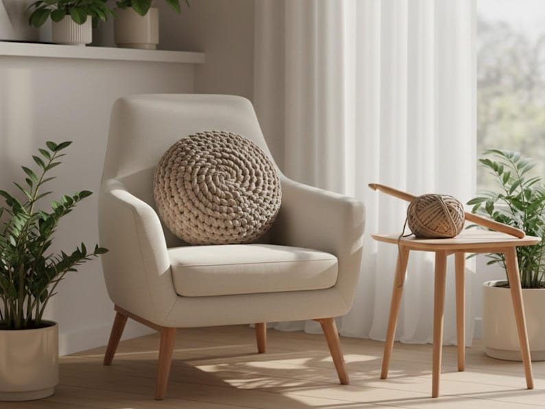 Puede incluir: Escena de sal&oacute;n de tonos neutros con un sill&oacute;n beige y un coj&iacute;n redondo tejido. Una peque&ntilde;a mesa auxiliar de madera sostiene un ovillo de lana y un ganchillo. Las plantas en macetas a&ntilde;aden vegetaci&oacute;n, creando un ambiente acogedor.