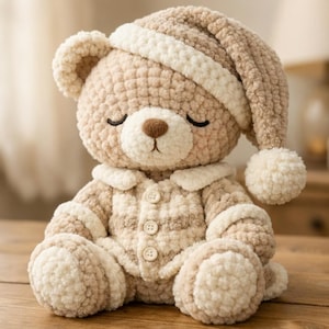 May include: A handmade, crocheted teddy bear in a seated position, wearing a nightcap and pyjamas. The bear is primarily beige with white accents, including a nightcap with a pom-pom and a collared pyjama set with button closures. The bear's eyes are closed.