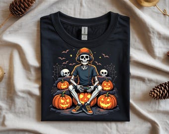 Skeleton Gamer Halloween Tee: Retro Video Game Spooky Season (PNG SVG PDF)