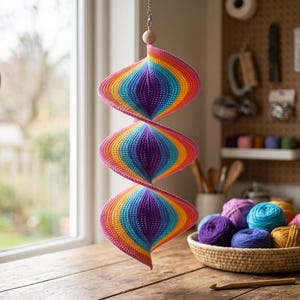 May include: A hanging spiral decoration crafted from crocheted yarn in a vibrant rainbow gradient of purple, blue, yellow, orange, and pink. The structure consists of three connected, tapered sections suspended from a single wooden bead.
