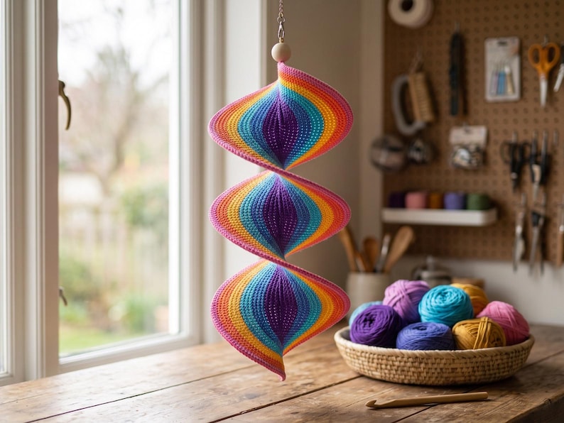 May include: A hanging spiral decoration crafted from crocheted yarn in a vibrant rainbow gradient of purple, blue, yellow, orange, and pink. The structure consists of three connected, tapered sections suspended from a single wooden bead.