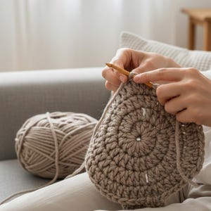 Puede incluir: Una persona tejiendo a ganchillo una pieza circular beige con un ganchillo de madera. Una madeja de hilo beige est&aacute; junto al art&iacute;culo tejido en un sof&aacute; gris. La escena est&aacute; iluminada por luz natural.