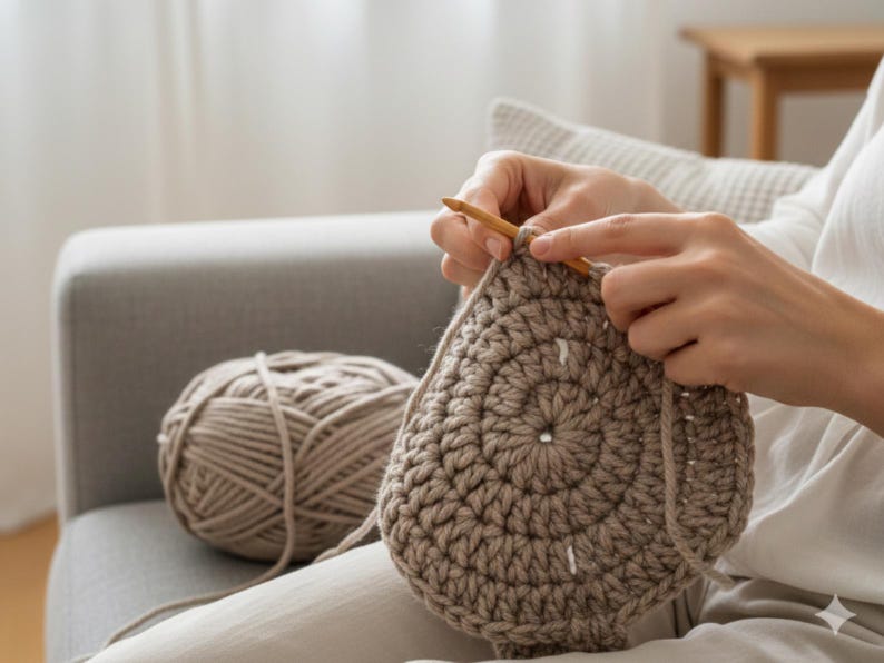 Puede incluir: Una persona tejiendo a ganchillo una pieza circular beige con un ganchillo de madera. Una madeja de hilo beige est&aacute; junto al art&iacute;culo tejido en un sof&aacute; gris. La escena est&aacute; iluminada por luz natural.
