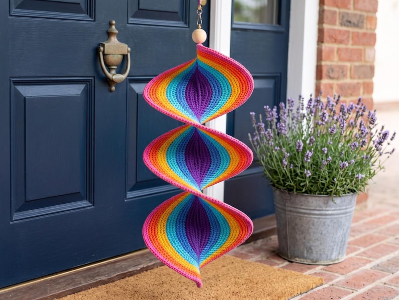May include: A hanging spiral decoration made of crocheted yarn featuring a vibrant rainbow gradient pattern of pink, orange, yellow, green, blue, and purple. The structure consists of three connected, twisted sections suspended from a wooden bead.