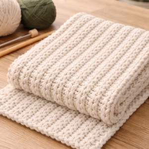 May include: A folded, cream-colored knitted scarf with a ribbed texture. Two balls of yarn, one cream and one green, and two wooden knitting needles are visible in the background. The scarf is folded neatly on a wooden surface.