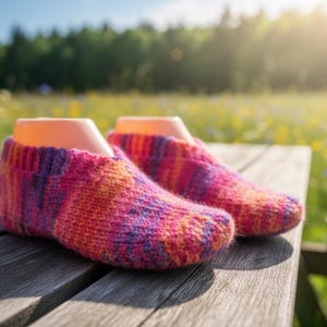 May include: A pair of hand-knitted slippers in shades of pink, orange, and purple sit on a wooden surface. The slippers are made of a soft, textured yarn and are displayed on shoe forms. The background features a blurred field of flowers.