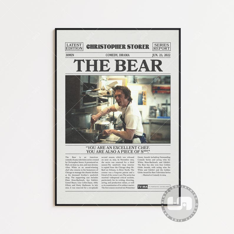 The Bear Poster, Jeremy Allen White, TV Series Poster, Retro Newspaper, Black White Wall Art, Vintage Retro Art, Custom Tv Show Poster Colored