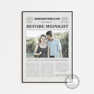 Before Midnight Poster, Richard Linklater, Retro Newspaper Movie Poster, Black White Wall Art, Vintage Retro Art Print