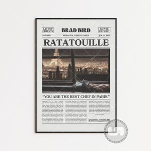 Poster Ratatouille, Brad Bird, Poster del film, Giornale retrò, Arte murale in bianco e nero, Stampa artistica retrò vintage, Poster del film personalizzato