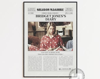 Bridget Jones's Diary, Sharon Maguire, Retro Newspaper Movie Poster, Black White Wall Art, Vintage Retro Art Print