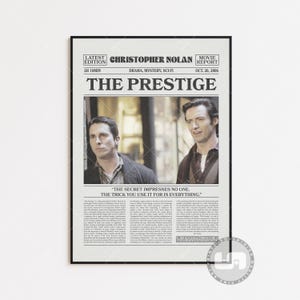 The Prestige Poster, Christopher Nolan, Movie Poster, Retro Newspaper, Black White Wall Art, Vintage Retro Art Print, Custom Movie Poster