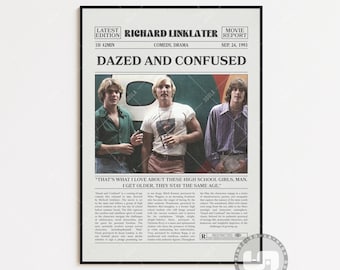 Oszołomiony i zdezorientowany, Richard Linklater, plakat filmowy z gazety retro, czarno-biała sztuka ścienna, wydruk artystyczny retro vintage