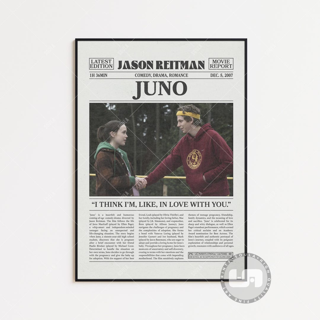 Juno, Jason Reitman, Retro Newspaper Movie Poster, Black White Wall Art ...