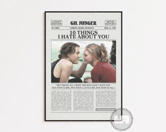 10 Things I Hate About You, Gil Junger, Retro Newspaper Movie Poster, Black White Wall Art, Vintage Retro Art Print