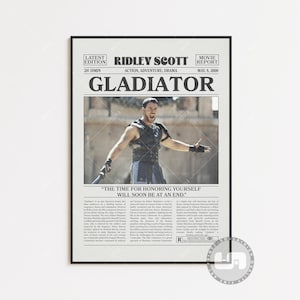 May include: A black and white movie poster for the film Gladiator, starring Russell Crowe. The poster features a scene from the film with Crowe as Maximus Decimus Meridius, a Roman general, standing in an arena. The poster also includes the film's title, director, and release date.
