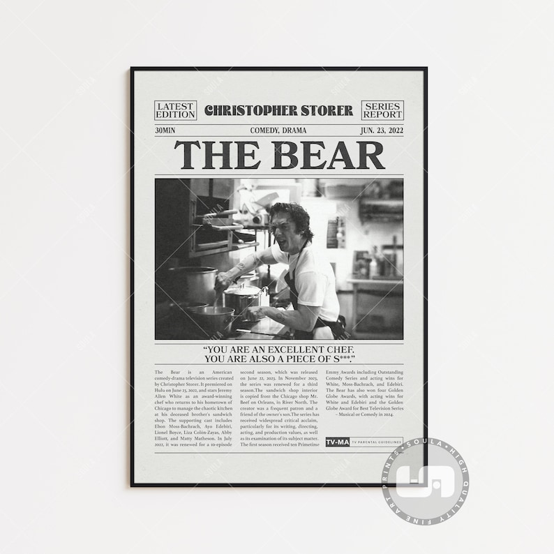 The Bear Poster, Jeremy Allen White, TV Series Poster, Retro Newspaper, Black White Wall Art, Vintage Retro Art, Custom Tv Show Poster Black & White