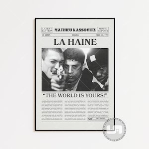 La haine, Mathieu Kassovitz, Retro Newspaper Movie Poster, Black White Wall Art, Vintage Retro Art Print