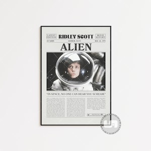 Alien-affisch, Ridley Scott, retro tidningsfilmaffisch, svartvit väggkonst, vintage retrokonsttryck