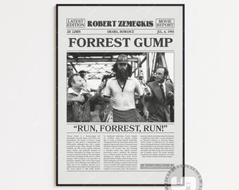 Forrest Gump, Robert Zemeckis, póster de película de periódico retro, arte de pared en blanco y negro, impresión de arte retro vintage