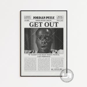 Stap uit, Jordan Peele, retro krantenfilmposter, zwart-witte muurkunst, vintage retro kunstafdruk