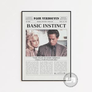 Basic Instinct Poster, Paul Verhoeven, Retro Newspaper Movie Poster, Black White Wall Art, Vintage Retro Art Print