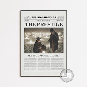 The Prestige Poster, Christopher Nolan, Movie Poster, Retro Newspaper, Black White Wall Art, Vintage Retro Art Print, Custom Movie Poster
